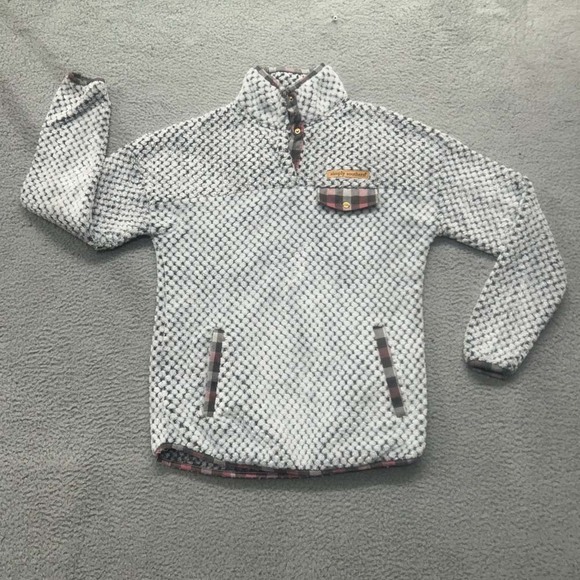 Simply Southern Sweaters - Simply Southern White and Black Patterned Fleece Pullover with Plaid Accents